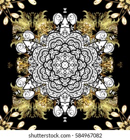 Vector abstract floral wreath from golden doodle fantasy leaves and flower on a black background. Hand drawn decorative frame, album cover, invitation, greeting card, vintage Art deco style.