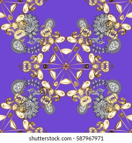 Vector abstract floral wreath from golden doodle fantasy leaves and flower on a violet background. Hand drawn decorative frame, album cover, invitation, greeting card, vintage Art deco style.
