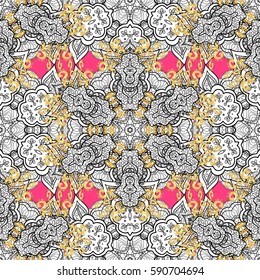 Vector abstract floral wreath from golden doodle fantasy leaves and flower on a pink background. Hand drawn decorative frame, album cover, invitation, greeting card, vintage Art deco style.