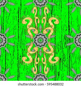 Vector abstract floral wreath from golden doodle fantasy leaves and flower on a green background. Hand drawn decorative frame, album cover, invitation, greeting card, vintage Art deco style.