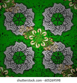 Vector abstract floral wreath from golden doodle fantasy leaves and flower on a green background. Hand drawn decorative frame, album cover, invitation, greeting card, vintage Art deco style.