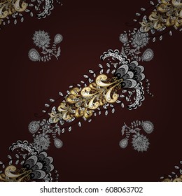 Vector abstract floral wreath from golden doodle fantasy leaves and flower on a brown background. Hand drawn decorative frame, album cover, invitation, greeting card, vintage Art deco style.