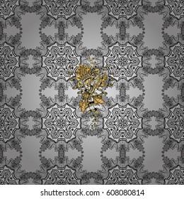 Vector abstract floral wreath from golden doodle fantasy leaves and flower on a gray background. Hand drawn decorative frame, album cover, invitation, greeting card, vintage Art deco style.