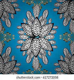 Vector abstract floral wreath from golden doodle fantasy leaves and flower on a blue background. Hand drawn decorative frame, album cover, invitation, greeting card, vintage Art deco style.