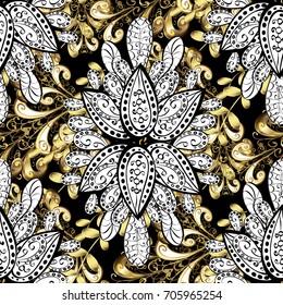 Vector abstract floral wreath from golden doodle fantasy leaves and flower on a black background. Hand drawn decorative frame, album cover, invitation, greeting card, vintage Art deco style.