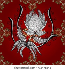 Vector abstract floral wreath from golden doodle fantasy leaves and flower on a red, white and gray colors. Hand drawn decorative frame, album cover, invitation, greeting card, vintage Art deco style.
