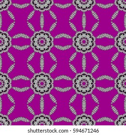 Vector abstract floral wreath from gray doodle fantasy leaves and flower on a magenta background. Hand drawn decorative frame, album cover, greeting card, vintage Art deco style.