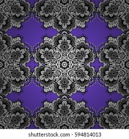 Vector abstract floral wreath from gray doodle fantasy leaves and flower on a violet background. Hand drawn decorative frame, album cover, greeting card, vintage Art deco style.