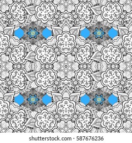 Vector abstract floral wreath from white doodle fantasy leaves and flower on a blue background. Hand drawn decorative frame, album cover, greeting card, vintage Art deco style.
