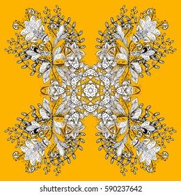 Vector abstract floral wreath from white doodle fantasy leaves and flower on a yellow and white background. Hand drawn decorative frame, album cover, invitation, greeting card, vintage Art deco style.