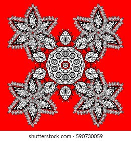 Vector abstract floral wreath from white doodle fantasy leaves and flower on a red and white background. Hand drawn decorative frame, album cover, invitation, greeting card, vintage Art deco style.