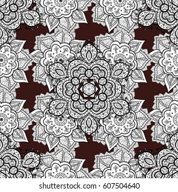 Vector abstract floral wreath from white doodle fantasy leaves and flower on a brown background. Hand drawn decorative frame, album cover, greeting card, vintage Art deco style.