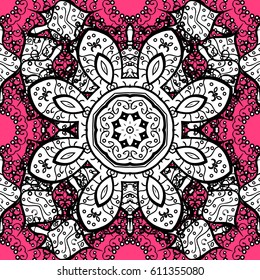  Vector abstract floral wreath from white doodle fantasy leaves and flower on a pink background.