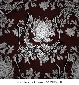 Vector abstract floral wreath from white doodle fantasy leaves and flower on a brown background. Hand drawn decorative frame, album cover, greeting card, vintage Art deco style.