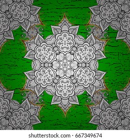 Vector abstract floral wreath from white doodle fantasy leaves and flower on a green and white background. Hand drawn decorative frame, album cover, invitation, greeting card, vintage Art deco style.