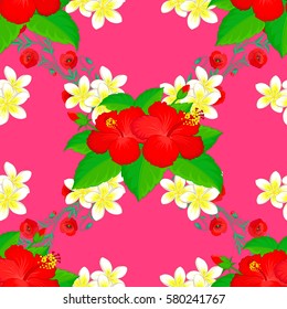 Vector abstract flower background. Pretty varicolored floral print. Motley floral seamless pattern on a pink background.