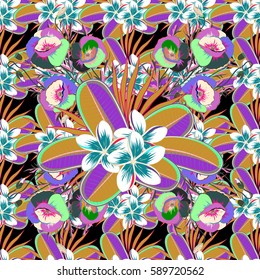 Vector abstract flower background. Pretty floral print with blue and green small flowers. Motley seamless pattern.