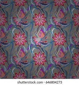 Vector abstract flower background. Pretty floral print with blue and pink small flowers. Motley seamless pattern.