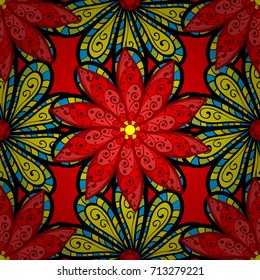 Vector abstract flower background. Pretty floral print with red, black and yellow small flowers. Motley seamless pattern.