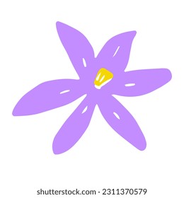 Vector abstract flower. Color blossom isolated on white background. Hand-drawn daisy. Cartoon violet petals Plant. Fresh bouquet sign. Symbol of summer, spring, nature floret. Cute floral illustration