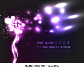 Vector abstract flower design on dark violet background. Composition has bright lights and circles.