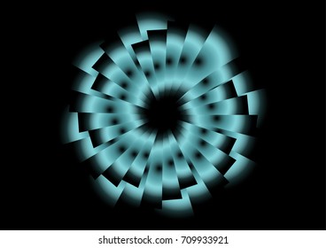 Vector abstract flower icon concept. Neon blue geometrical, Concentric, rotating spiral element.  isolated on black background. Vector illustration.