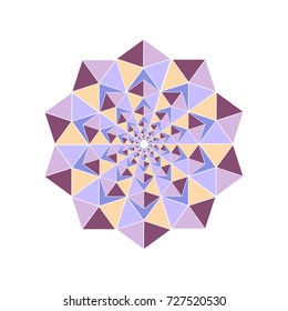 Vector abstract flower icon concept. Purple geometrical, Concentric, rotating spiral element, volute with triangular shapes isolated on white background. Vector illustration.