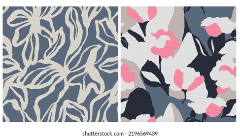 Vector abstract flower and leaf seamless repeat pattern 2 designs set 