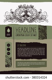 Vector abstract flower poster design template with flowers, brush strokes, leaf icon logo, arrows, hand lettering font. Floral background with place for your text. Vector natural floral poster.