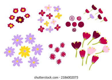 Vector abstract flower set. Color chamomiles isolated on white background. Hand-drawn daisy, tulip, peony rose. Cartoon pink Plant. Fresh bouquet. Symbol of summer, spring, nature. Floral illustration