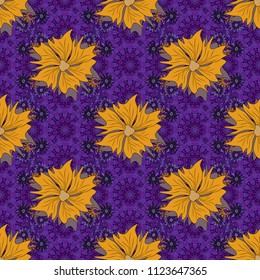 Vector abstract flowers. Greeting card. Purple, violet and orange spring flowers. Floral card. Floral seamless pattern. Floral wall art painting for home. Wedding invitation template.
