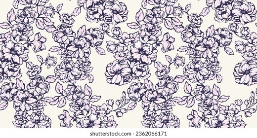 Abstrakte Vektorblumen verflochten in einem nahtlosen Muster. rosafarbene Blumenteppiche auf violettem Hintergrund. Vektorhandgezeichnete Skizze. Muster für Textilien, Mode, Druck, Oberflächengestaltung, Gewebe