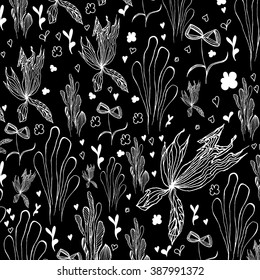 Vector abstract flowers, leaves, heart pattern. Hand drawn. Doodle style, spring/summer floral background. Boho style.