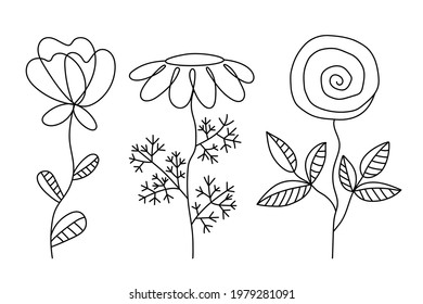 
Vector abstract flowers. Minimalistic flowers for design. Linear illustration. Flowers with a black outline. Doodle flowers.