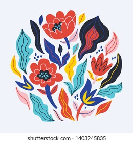 Flores y plantas abstractas vectoriales en colores vivos.  Ilustración floral vectorial. Gracioso diseño de póster o de impresión.