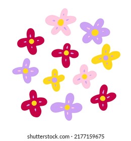 Flores abstractas vectoriales dispuestas. Camomiles de color aislados en el fondo blanco. Daisy dibujado a mano. Pétalos rosados de caricatura Planta. Signo de ramo fresco. Símbolo de verano, primavera, naturaleza. Ilustración floral pura