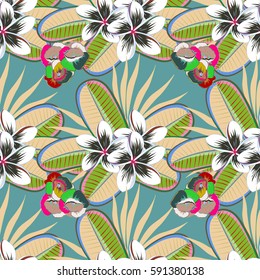 Vector abstract flowers in a trendy multicolored style. Hawaiian tropical natural floral seamless pattern.