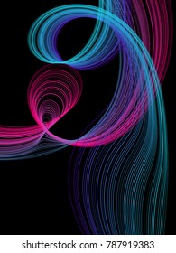 Vector abstract flowing curves on black background, geometric graphic design. Futuristic smoky vector pattern for cover, banner layout, print or website. Multiple intersecting lines, fibers motion.