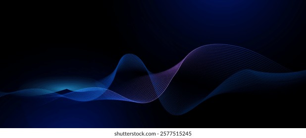 Vector Abstract flowing wave line, particle dot pattern, neon light on dark blue gradient background. Modern futuristic design, particles wave data for background. Cyberspace technology concept