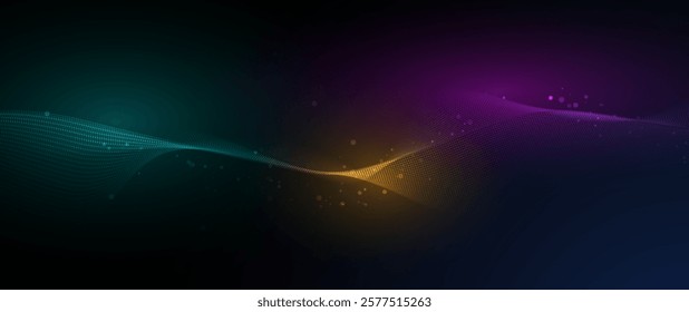 Vector Abstract flowing wave line, particle dot pattern, neon light on dark blue gradient background. Modern futuristic design, particles wave data for background. Network, science, technology concept