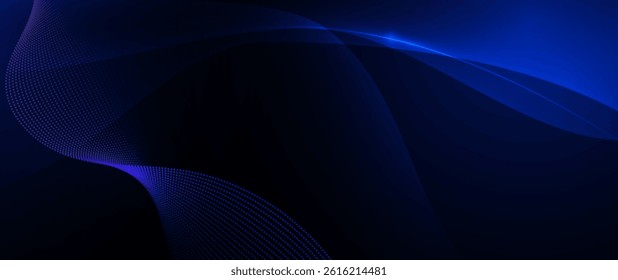 Vector Abstract flowing wave line, particle dot pattern, neon light on dark blue gradient background. Modern futuristic design, particles wave data for background. Network, science, technology concept