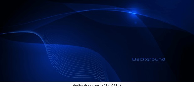 Vector Abstract flowing wave line, particle dot pattern, neon light on dark blue gradient background. Modern futuristic design, particles wave data for background. Network, science, technology concept