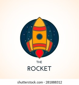 Vector abstract flying rocket icon, logo isolated on background of planet and stars.