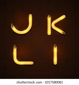 Vector of abstract font and alphabet with bright light bulbs. Glowing lights for  greeting card design. 