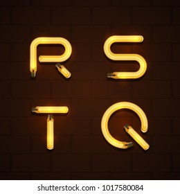 Vector of abstract font and alphabet with bright light bulbs. Glowing lights for  greeting card design. 
