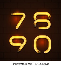 Vector of abstract font and alphabet with bright light bulbs. Glowing lights for  greeting card design. 