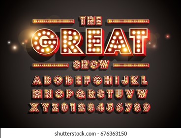 Vector of abstract font and alphabet with bright light bulbs svg