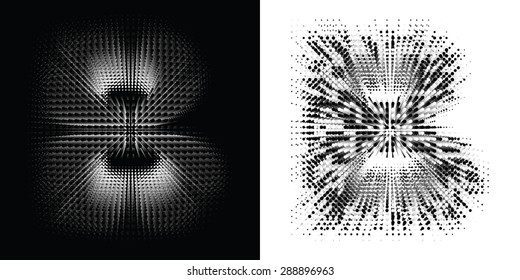 Vector abstract font with effect of flying apart and dissolving particles. Letter B in two different styles