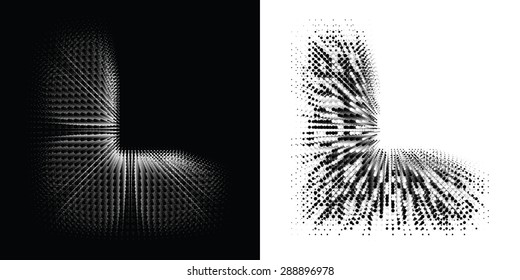 Vector abstract font with effect of flying apart and dissolving particles. Letter L in two different styles