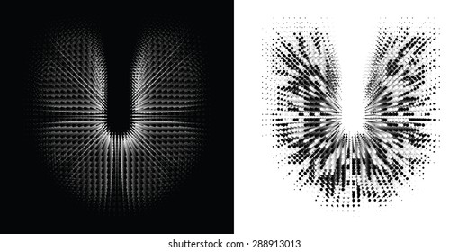 Vector abstract font with effect of flying apart and dissolving particles. Letter U in two different styles